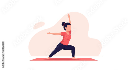 Woman practicing yoga Warrior II pose on a mat, symbolizing balance, strength, and modern wellness. Ideal for health, fitness, or lifestyle content.