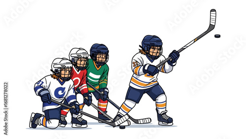 Young Hockey Team with Passion: This vivid illustration captures the anticipation and determination of a young hockey team, focused on their passion for the sport and camaraderie.