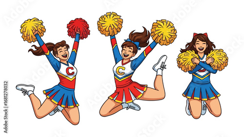 Cheerleader Squad: A cheerful squad of female cheerleaders performs dynamic cheers with a sense of joy and precision, their pom-poms adding vibrancy to the scene.