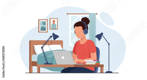 Focused woman works remotely on laptop with headphones in a cozy home setting, ideal for business, online learning, or lifestyle concepts.