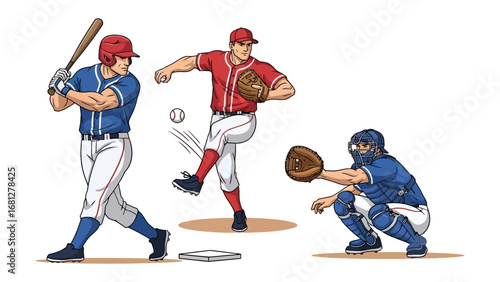 Baseball Action: Capturing the dynamism of baseball, this image showcases three players in pivotal moments: a batter poised to hit, a pitcher mid-throw, and a catcher ready to receive.