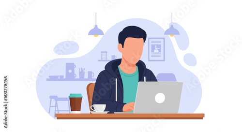 A person working casually on a laptop in a relaxed setting, surrounded by coffee cups. Ideal for themes of remote work, freelancing, digital lifestyle, and online education.