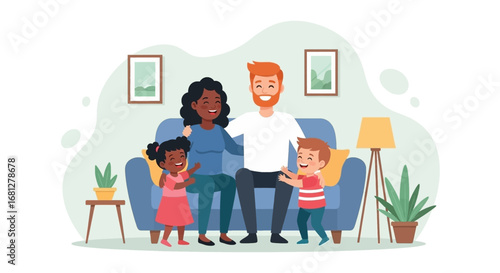 Happy diverse family with parents and two children on a sofa, embracing and smiling in a cozy living room. Perfect for concepts of home, love, and togetherness.