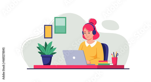 Smiling woman with headphones working on laptop at a home office desk, representing remote work, online learning, or digital communication. Ideal for business, education, and lifestyle content.