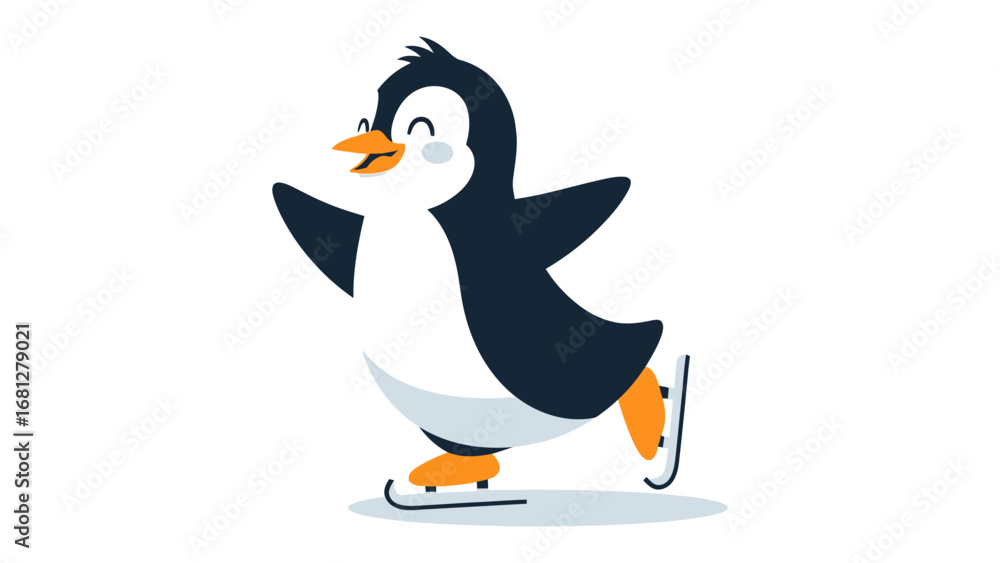 Fototapeta premium Joyful Penguin on Ice Skates: This charming image captures a delightful penguin gracefully gliding on ice skates, embodying pure joy and whimsical winter fun.