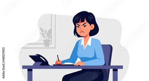 Angry businesswoman working intensely at her office desk, expressing frustration while writing. Concept of stress, deadlines, or difficult tasks in a corporate environment.