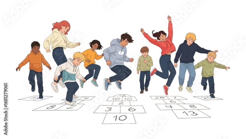 Hopscotch Happiness: A delightful scene unfolds as a group of kids engage in a vibrant hopscotch game, their faces alight with joyful energy and pure playfulness.