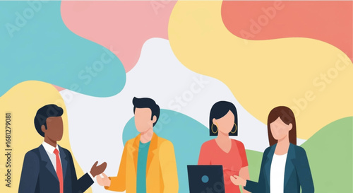 Diverse business team collaborating in a vibrant, modern setting. Represents teamwork, communication, and strategy for corporate success and professional development.
