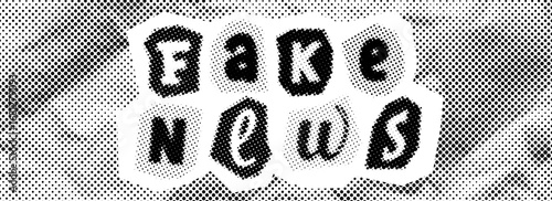 Halftone fake news background. Comic style text collage on crumpled paper. Retro pixel concept of false facts, misinformation, propaganda, post truth, misconception. Vintage newspaper backdrop. Vector