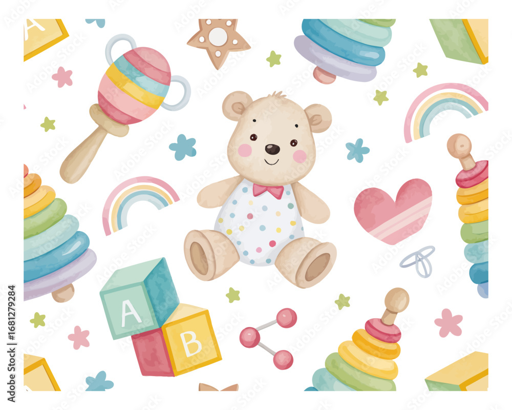 Naklejka premium Watercolor baby themed toys seamless patterns