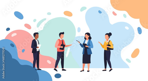 Diverse business professionals collaborating and discussing ideas in a modern, abstract setting, perfect for teamwork and strategy concepts.