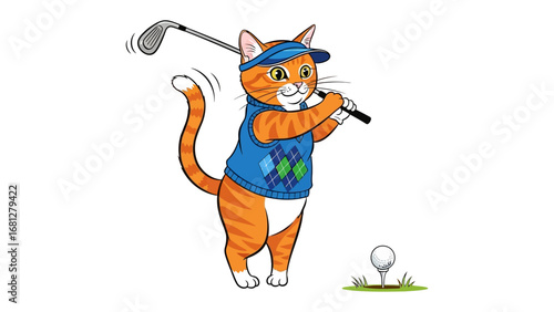 Golfing Cat: A whimsical illustration captures a charming ginger cat in stylish golf attire, taking a confident swing with a golf club, a golf ball poised on the tee.