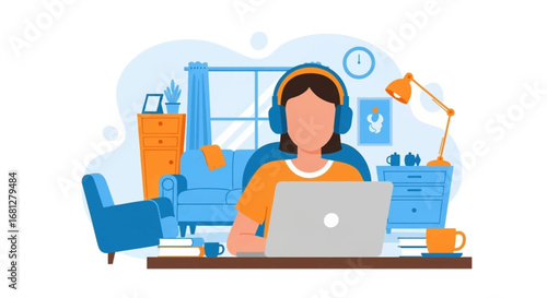 Person wearing headphones working or studying from home on a laptop in a comfortable living room setup. Represents remote work, online education, and digital communication.