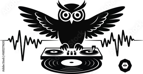 Dj owl with sound waves and music notes silhouette