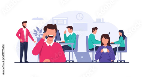 Modern office scene depicting diverse professionals collaborating and communicating. Ideal for themes of business, teamwork, and productive workplace environments.
