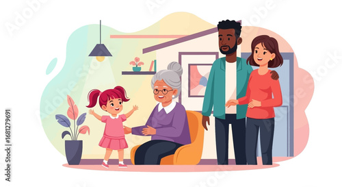 Three generations of a diverse family sharing a joyful moment at home, depicting love, care, and strong family bonds. Perfect for lifestyle content.