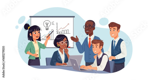 Diverse business team collaborating in a meeting, discussing ideas and strategy for growth and innovation. Represents teamwork, problem-solving, and professional development.