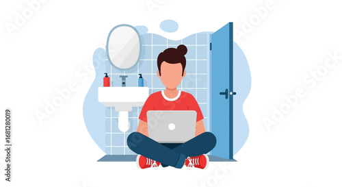 Young person focused on their laptop, sitting cross-legged on the bathroom floor. Concept of remote work, flexibility, and unique home office setup.