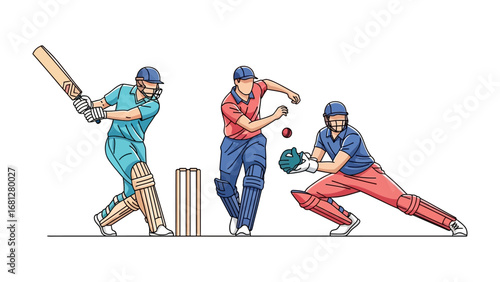 Cricket in Action: A dynamic illustration showcases cricket players engaging in a spirited game, embodying the energy and teamwork inherent in this globally loved sport.