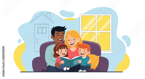 Happy family with parents and two young children joyfully reading a book together on a sofa at home. Represents education, family bonding, and cherished childhood moments.