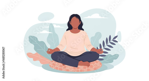 Serene woman meditating in lotus pose on a cushion amidst calming abstract foliage. Represents peace, mindfulness, and mental wellness for a balanced lifestyle.