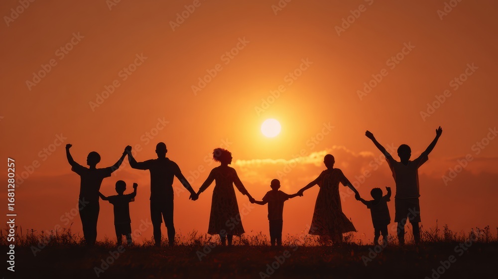 Fototapeta premium A joyful family silhouette celebrates togetherness at sunset with raised hands, symbolizing love and unity.