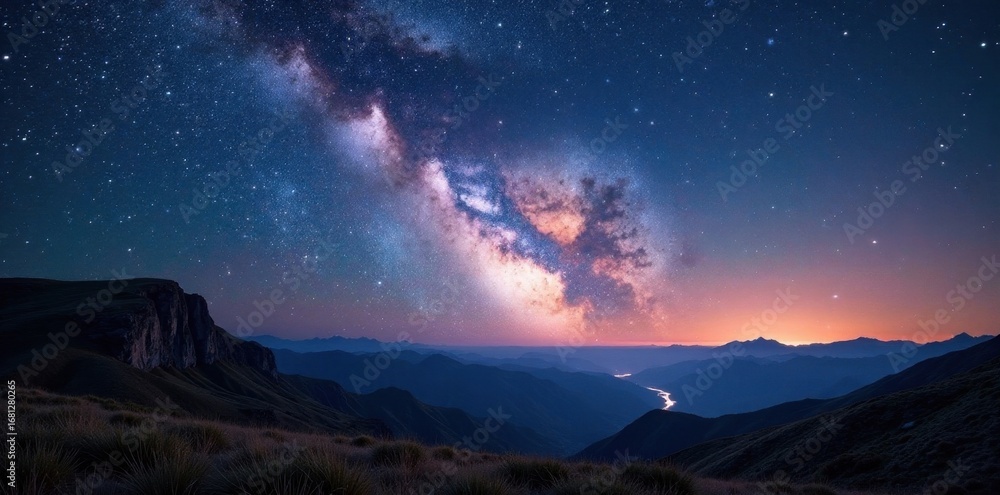 Fototapeta premium Majestic Milky Way arch, countless stars across panoramic landscape, night, space, dark