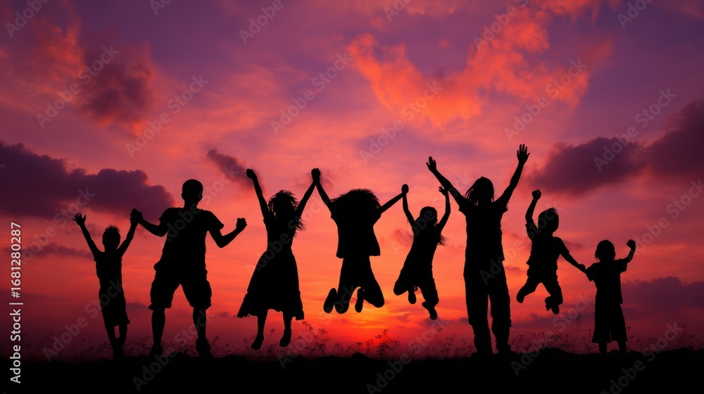 Fototapeta premium A joyful moment captured as a group of people celebrates happiness against a vibrant sunset backdrop.