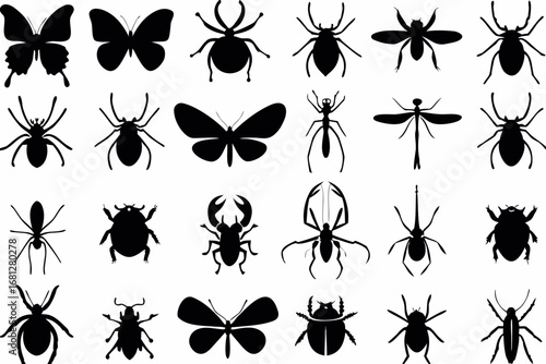 Collection of various insect silhouettes including butterflies spiders and beetles displayed in rows created with generated ai