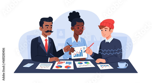 Diverse business team collaborating on financial data, analyzing charts and graphs for strategic planning and growth in a professional meeting setting.