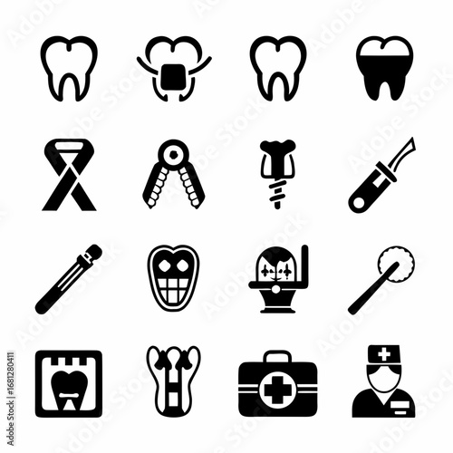 Collection of dental care and medical related icons displayed in a grid pattern on a white background created with generated ai