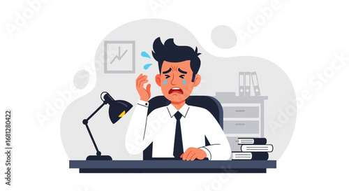 Stressed businessman crying at his office desk, overwhelmed by work pressure and declining performance. Concept of burnout, failure, or financial crisis.