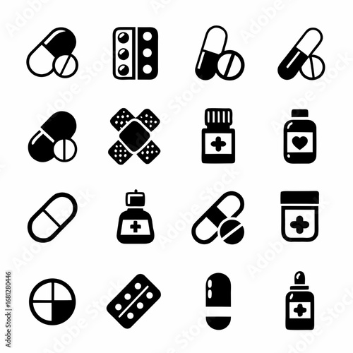 Collection of various medical pills capsules bottles and band aid in black and white vector format created with generated ai