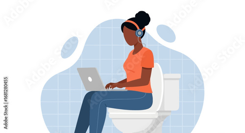Woman with headphones using a laptop on a toilet, illustrating remote work, multitasking, and the blend of personal and professional life.