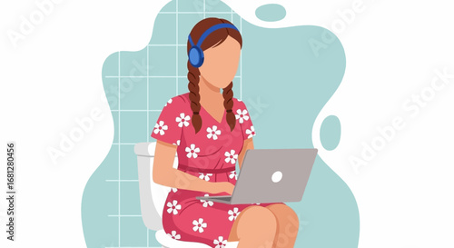 Woman on toilet with headphones and laptop, representing remote work, multitasking, and digital lifestyle privacy.