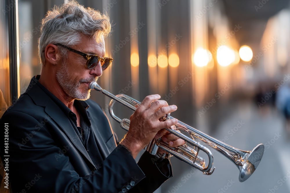 Obraz premium Musician plays trumpet during sunset in urban setting with soft warm light