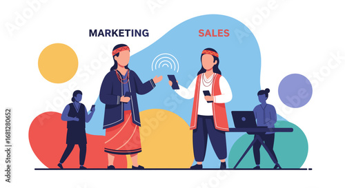 Indigenous women collaborate on marketing and sales strategies using mobile technology, symbolizing digital business growth and communication. Ideal for commerce and teamwork concepts.