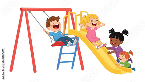 Playground Joy: A cheerful depiction of children playing on a vibrant playground, exuding pure happiness and the simple joy of childhood.