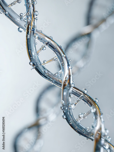 DNA double helix structure with water droplets, transparent molecular strands twisting in scientific and futuristic style