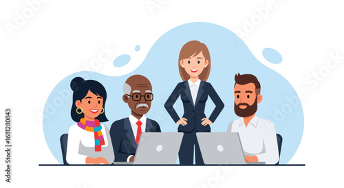 Diverse business team collaborating with laptops, led by a confident female manager. Represents teamwork, strategy, and modern office work.