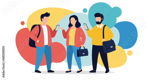 Diverse individuals engage with smartphones, representing modern communication, social media, and digital connectivity in a busy urban lifestyle. Ideal for technology, business, or lifestyle content.