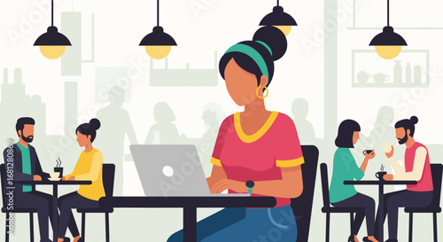 A woman focused on her laptop in a vibrant, modern cafe, representing remote work, freelance productivity, and a flexible digital lifestyle.