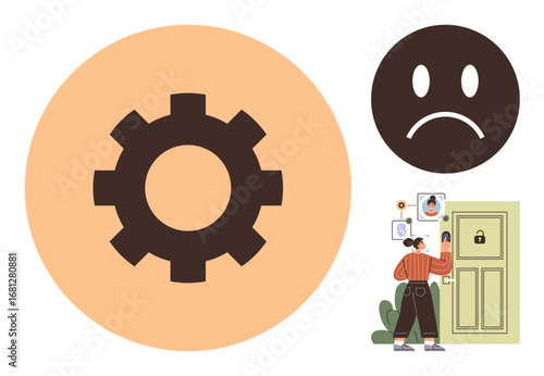 Gear mechanism, sad face, person troubleshooting login problem with locked door and facial recognition. Ideal for tech support, password issues, security, user authentication, error messages
