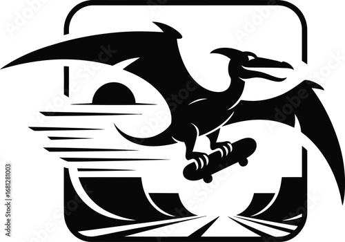 Flying pterodactyl riding a skateboard icon silhouette