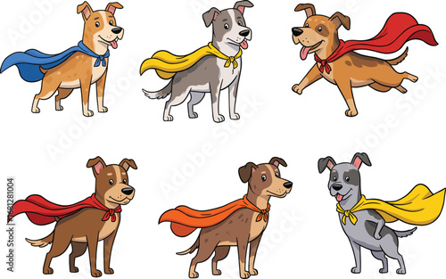 Superhero cartoon dogs, playful pet poses, dynamic animal characters, cape variations, stock illustration, white background, fun action scene, heroic theme