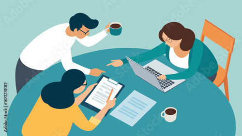 Three diverse professionals collaborate at a table, discussing strategy and reviewing documents with a laptop and coffee. Ideal for business, teamwork, or modern office lifestyle concepts.
