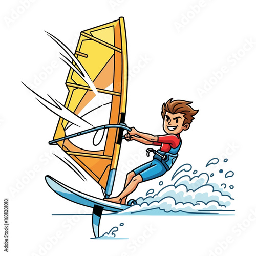 Windsurfing Fun: A cartoon illustration of an adventurous individual windsurfing, sailing across the water, relishing the excitement of the sport and the open sea.