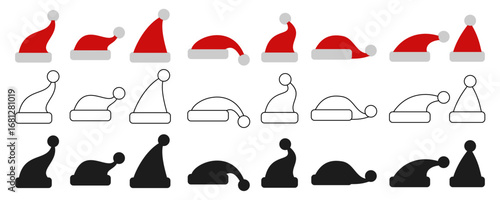 Christmas hats set, red outline and solid style