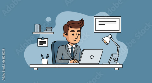 Happy businessman working diligently at his desk with a laptop, symbolizing productivity, modern office work, and digital communication.
