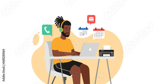 A focused Black man in headphones works remotely on his laptop, managing calls, emails, and schedule. Ideal for themes of home office, productivity, and modern work-life balance.